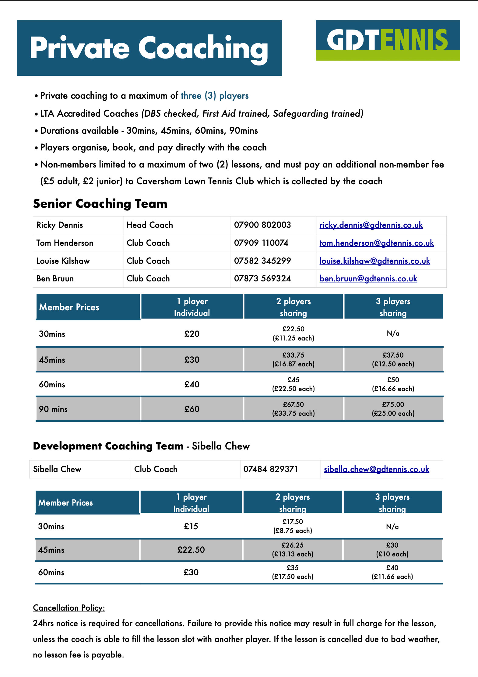 Coach contacts and rates